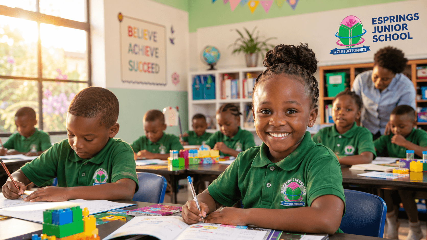 Children learning in a bright classroom