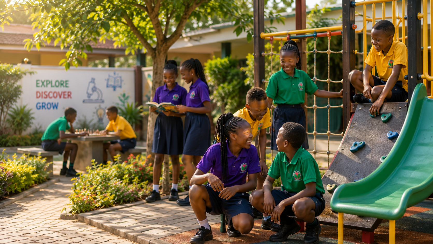 Children learning in a bright classroom