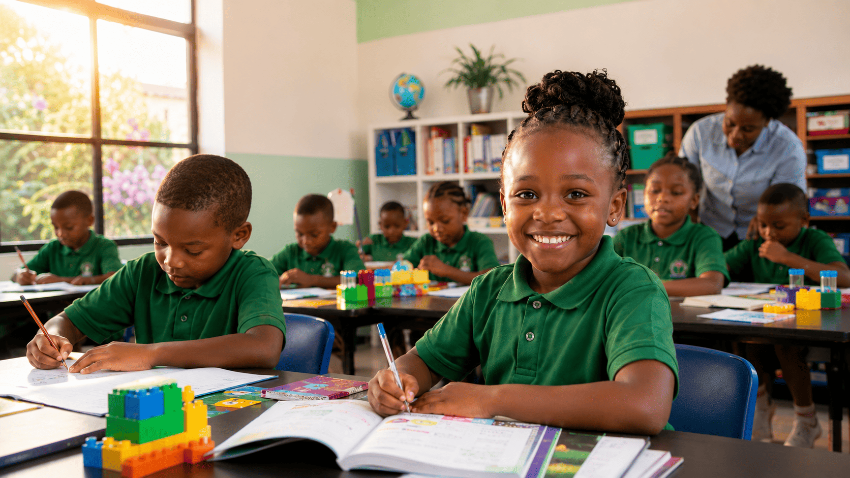 Children learning in a bright classroom